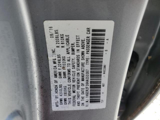 1HGCR2F36HA050067 - 2017 HONDA ACCORD LX GRAY photo 10