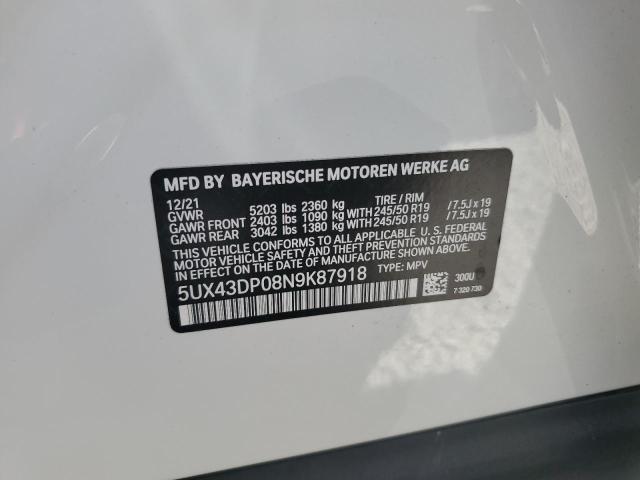 5UX43DP08N9K87918 - 2022 BMW X3 SDRIVE3 WHITE photo 10