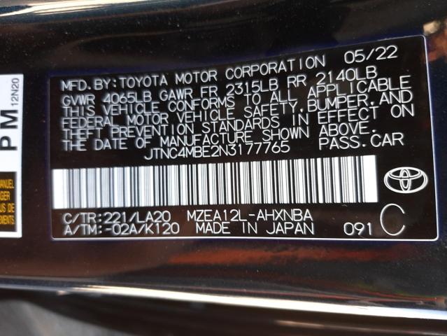 JTNC4MBE2N3177765 - 2022 TOYOTA COROLLA XS BLACK photo 10