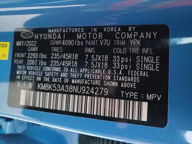 KM8K53A38NU924279 - 2022 HYUNDAI KONA LIMIT BLUE photo 10