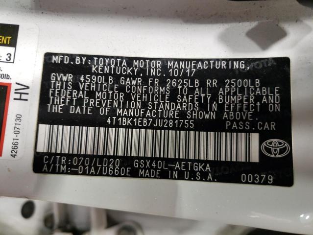 4T1BK1EB7JU281755 - 2018 TOYOTA AVALON XLE WHITE photo 10