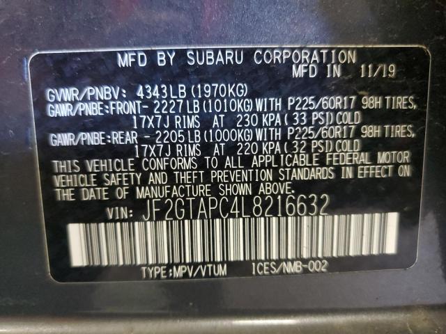 JF2GTAPC4L8216632 - 2020 SUBARU CROSSTREK GRAY photo 10