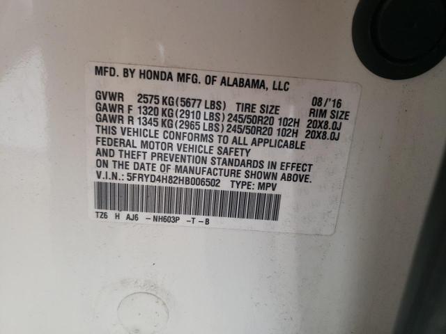 5FRYD4H82HB006502 - 2017 ACURA MDX ADVANC WHITE photo 10
