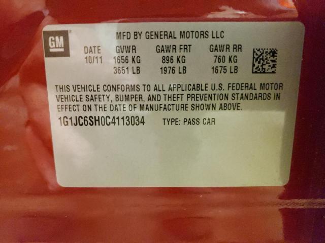 1G1JC6SH0C4113034 - 2012 CHEVROLET SONIC LT RED photo 10