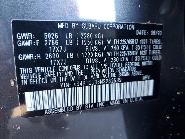 4S4BTGUD8N3282539 - 2022 SUBARU OUTBACK WI GRAY photo 10