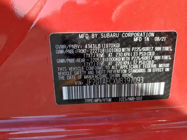 JF2GTAECXM8397093 - 2021 SUBARU CROSSTREK RED photo 10