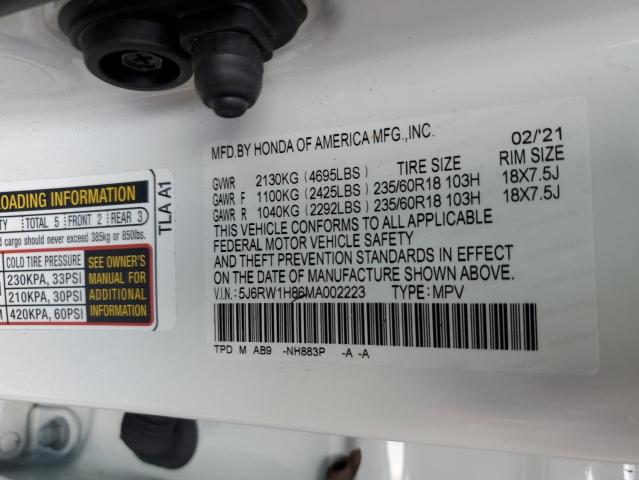 5J6RW1H86MA002223 - 2021 HONDA CR-V EXL WHITE photo 10