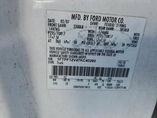 1FTPF12V47KC40260 - 2007 FORD F-150 WHITE photo 10