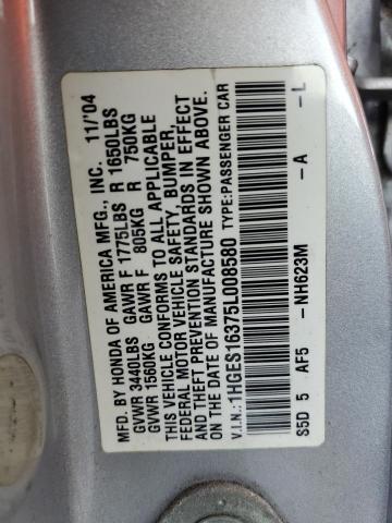 1HGES16375L008580 - 2005 HONDA CIVIC DX V SILVER photo 10