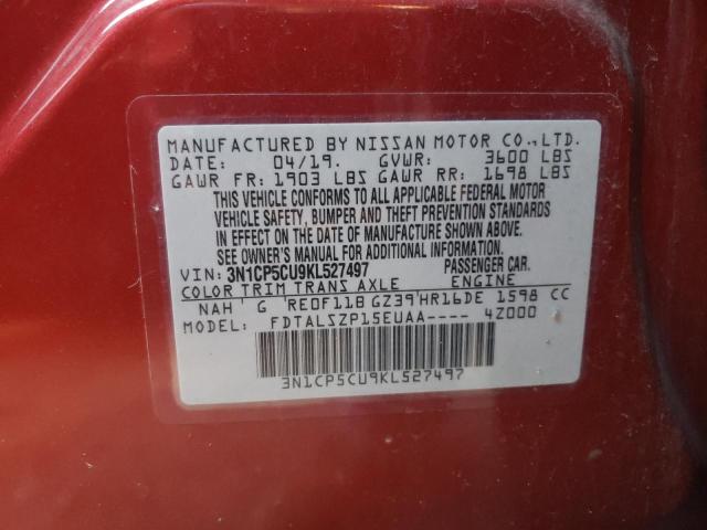 3N1CP5CU9KL527497 - 2019 NISSAN KICKS S RED photo 10