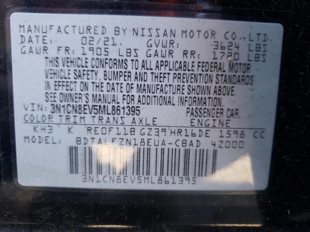 3N1CN8EV5ML861395 - 2021 NISSAN VERSA SV BLACK photo 10