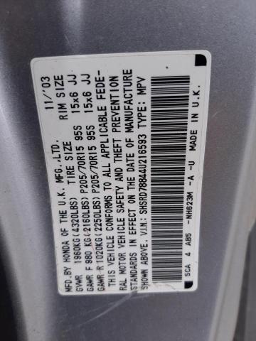 SHSRD78844U216593 - 2004 HONDA CR-V EX SILVER photo 10