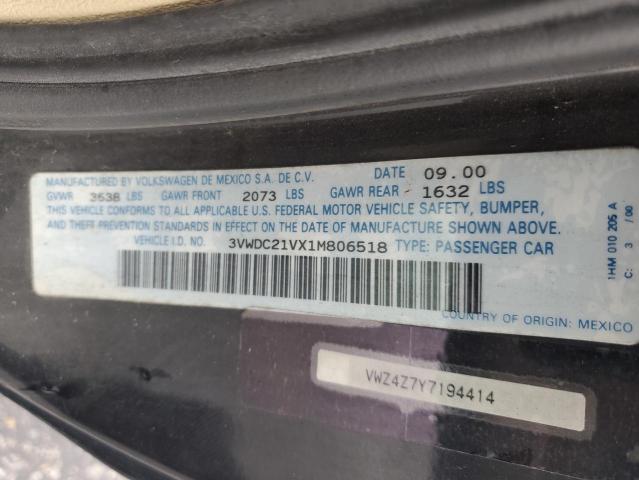 3VWDC21VX1M806518 - 2001 VOLKSWAGEN CABRIO GLX 黑色 照片 10