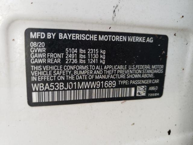 WBA53BJ01MWW91689 - 2021 BMW 540 I WHITE photo 10