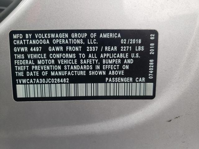 1VWCA7A30JC026462 - 2018 VOLKSWAGEN PASSAT SEL SILVER photo 10