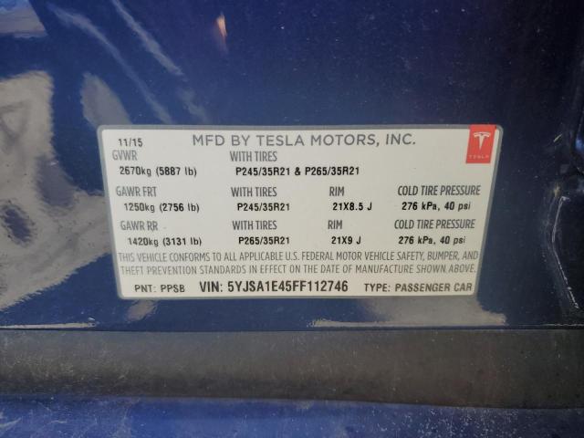 5YJSA1E45FF112746 - 2015 TESLA MODEL S Կապույտ լուսանկար 10