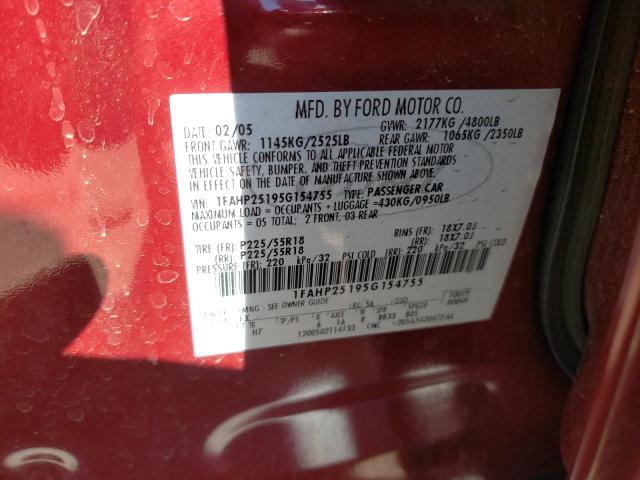 1FAHP25195G154755 - 2005 FORD FIVE HUNDR RED photo 10