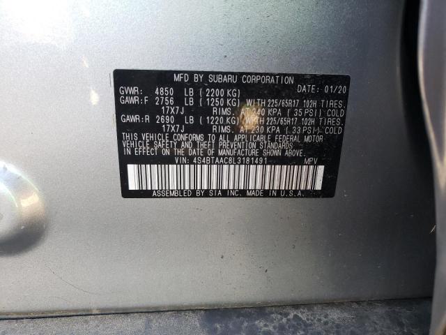 4S4BTAAC8L3181491 - 2020 SUBARU OUTBACK SILVER photo 10