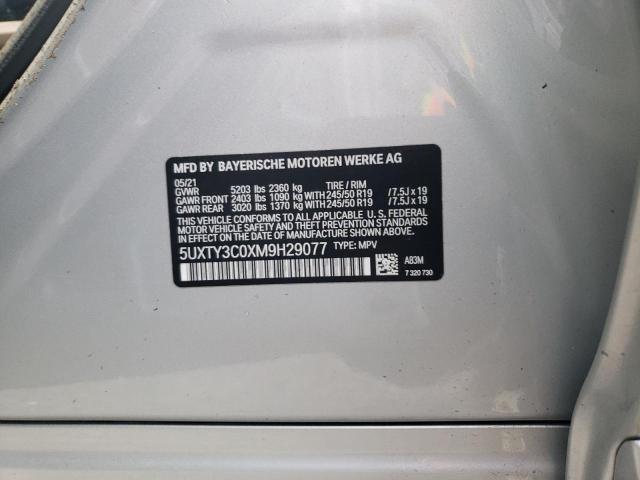 5UXTY3C0XM9H29077 - 2021 BMW X3 SDRIVE3 Gris photo 10