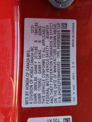 2HGFE2F53NH553353 - 2022 HONDA CIVIC SPOR RED photo 10