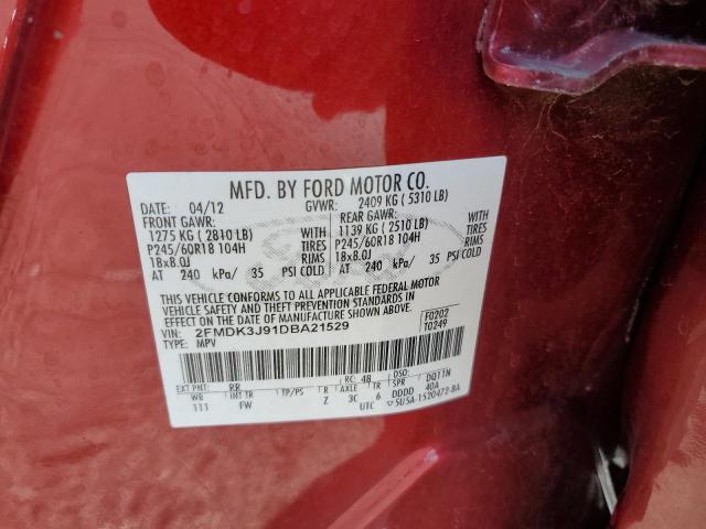 2FMDK3J91DBA21529 - 2013 FORD EDGE SEL RED photo 10