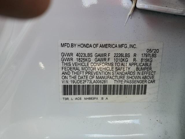 19UDE2F73LA006281 - 2020 ACURA ILX PREMIU WHITE photo 10