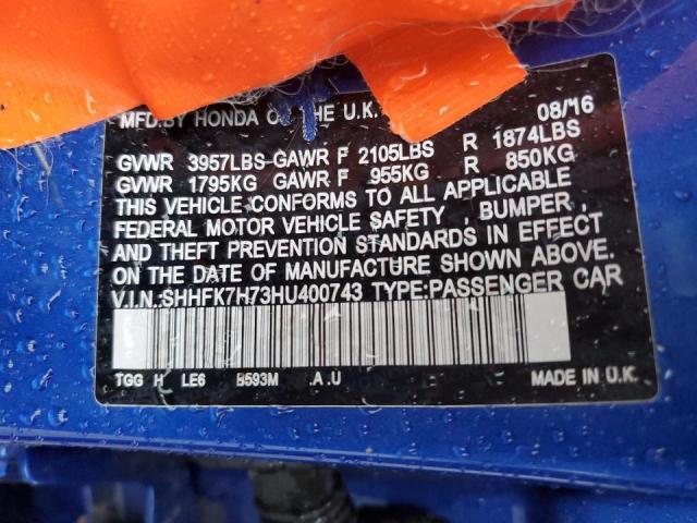 SHHFK7H73HU400743 - 2017 HONDA CIVIC EXL Mavi foto 10