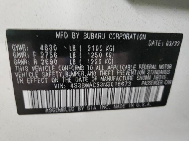 4S3BWAC63N3018673 - 2022 SUBARU LEGACY PRE WHITE photo 10