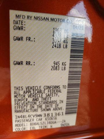 1N4BL4CV9MN381361 - 2021 NISSAN ALTIMA SR ORANGE photo 10