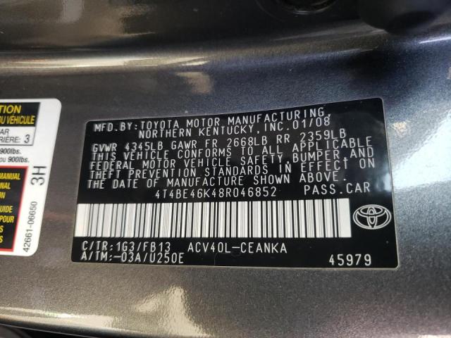 4T4BE46K48R046852 - 2008 TOYOTA CAMRY CE GRAY photo 10