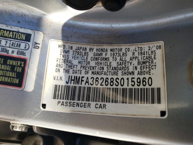 JHMFA36268S015960 - 2008 HONDA CIVIC HYBR SILVER photo 10