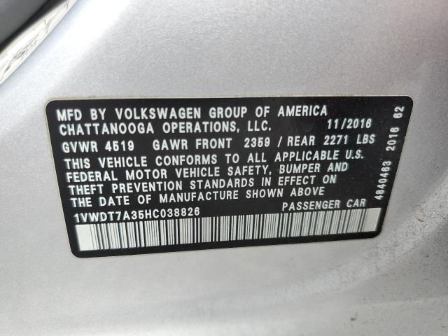 1VWDT7A35HC038826 - 2017 VOLKSWAGEN PASSAT R-L SILVER photo 10