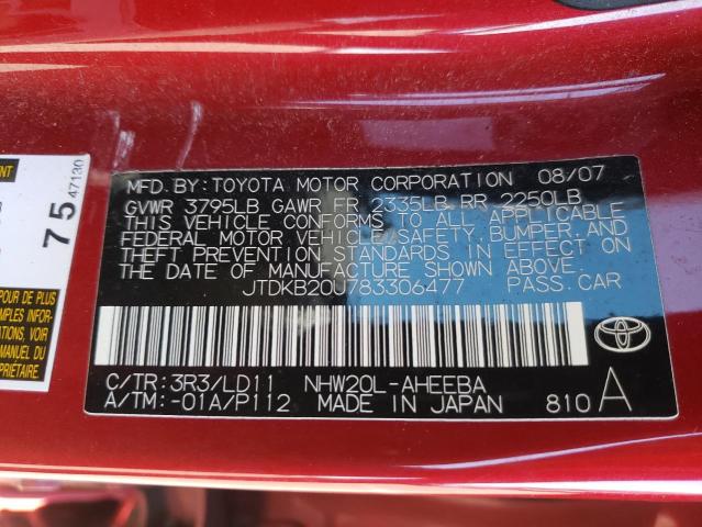 JTDKB20U783306477 - 2008 TOYOTA PRIUS-4 CY RED photo 10