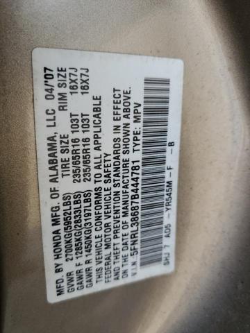 5FNRL38687B444781 - 2007 HONDA ODYSSEY EX GOLD photo 10