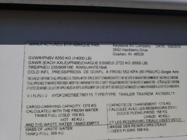 4YDF29025BE760115 - 2011 KEYSTONE AVALANCHE თეთრი ფოტო 10