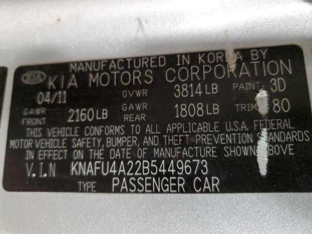 KNAFU4A22B5449673 - 2011 KIA FORTE EX SILVER photo 10