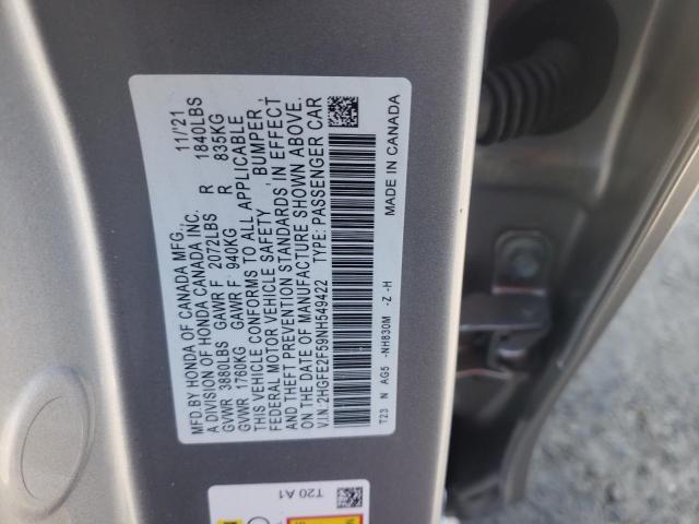 2HGFE2F59NH549422 - 2022 HONDA CIVIC SPOR SILVER photo 10