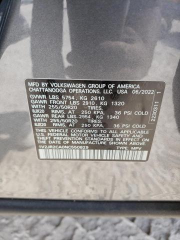 1V2JR2CA0NC550829 - 2022 VOLKSWAGEN ATLAS SE GRAY photo 10