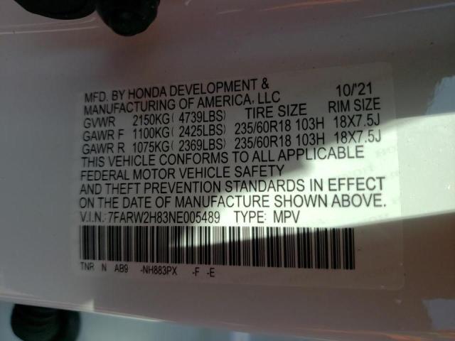 7FARW2H83NE005489 - 2022 HONDA CR-V EXL WHITE photo 10