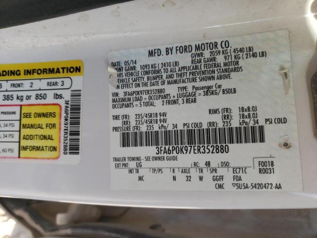 3FA6P0K97ER352880 - 2014 FORD FUSION TIT WHITE photo 10