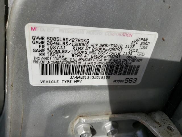 JA4NW51S43J018155 - 2003 MITSUBISHI MONTERO LI SILVER photo 10