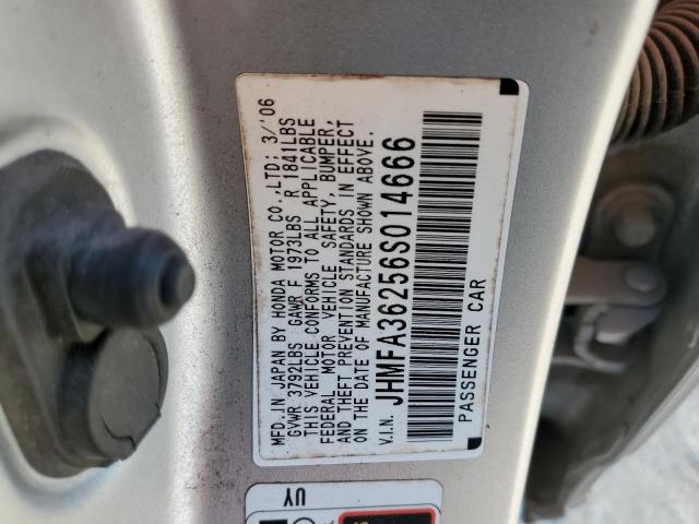 JHMFA36256S014666 - 2006 HONDA CIVIC HYBR SILVER photo 10