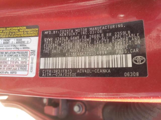 4T1BE46K77U004894 - 2007 TOYOTA CAMRY CE RED photo 10