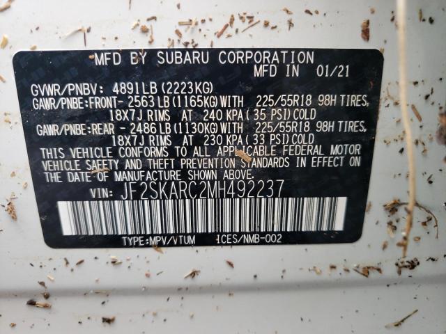 JF2SKARC2MH492237 - 2021 SUBARU FORESTER S WHITE photo 10