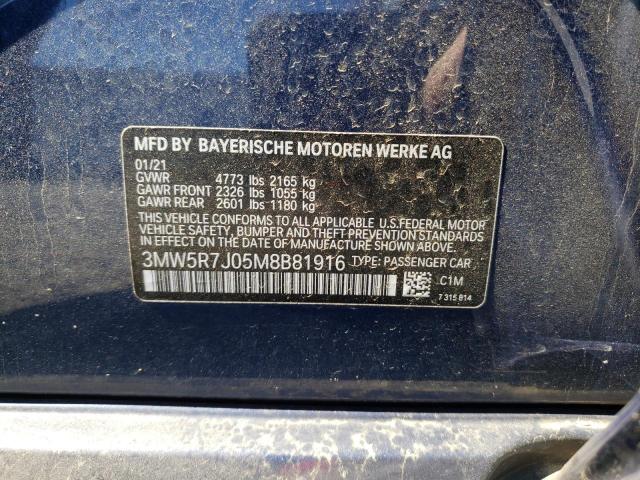 3MW5R7J05M8B81916 - 2021 BMW 330XI BLUE photo 10