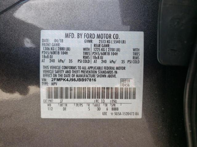 2FMPK4J98JBB97816 - 2018 FORD EDGE SEL GRAY photo 10