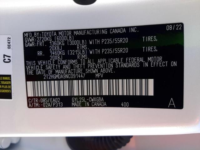 2T2HGMDA9NC091447 - 2022 LEXUS RX 450H WHITE photo 10