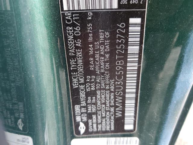 WMWSU3C59BT253726 - 2011 MINI COOPER Yaşıl foto 10