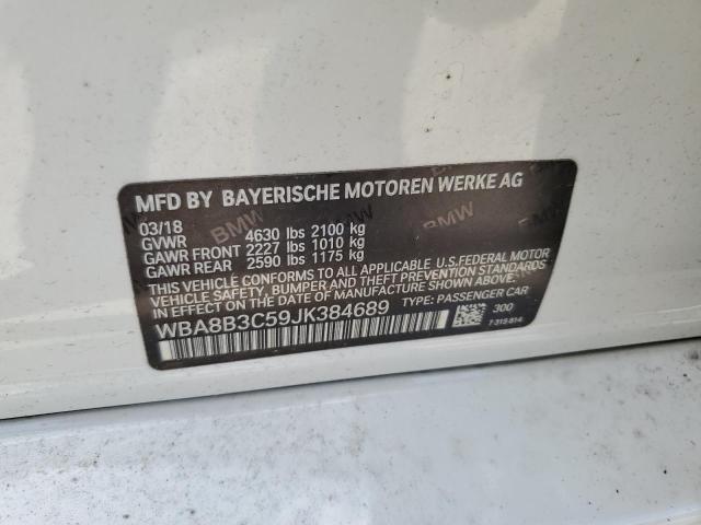 WBA8B3C59JK384689 - 2018 BMW 340 I WHITE photo 10
