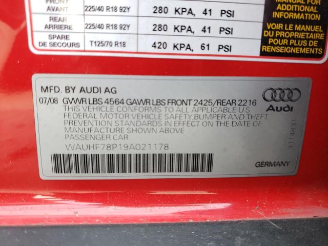 WAUHF78P19A021178 - 2009 AUDI A3 2.0T RED photo 10